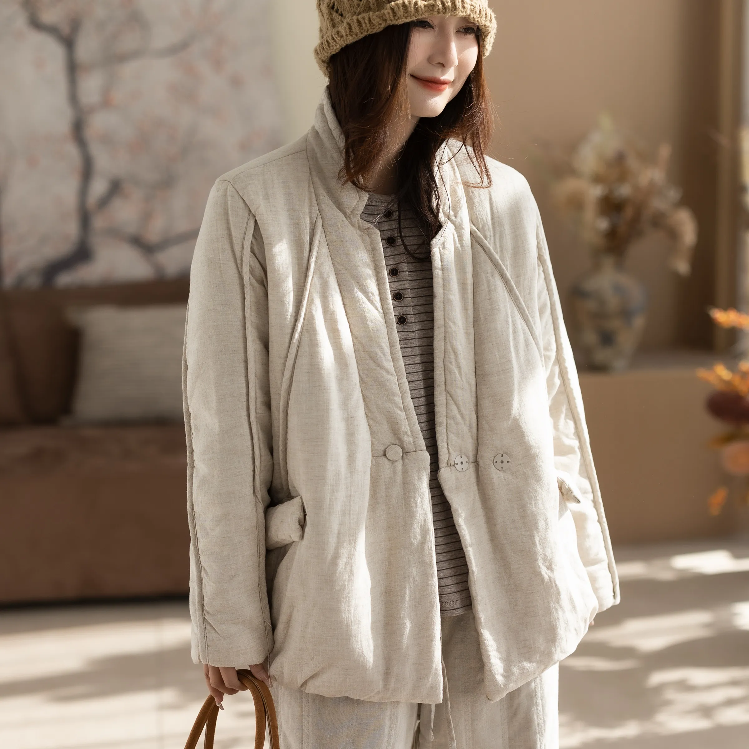 Autumn and Winter New Women's Cotton Jacket V-neck Casual Linen Jacket