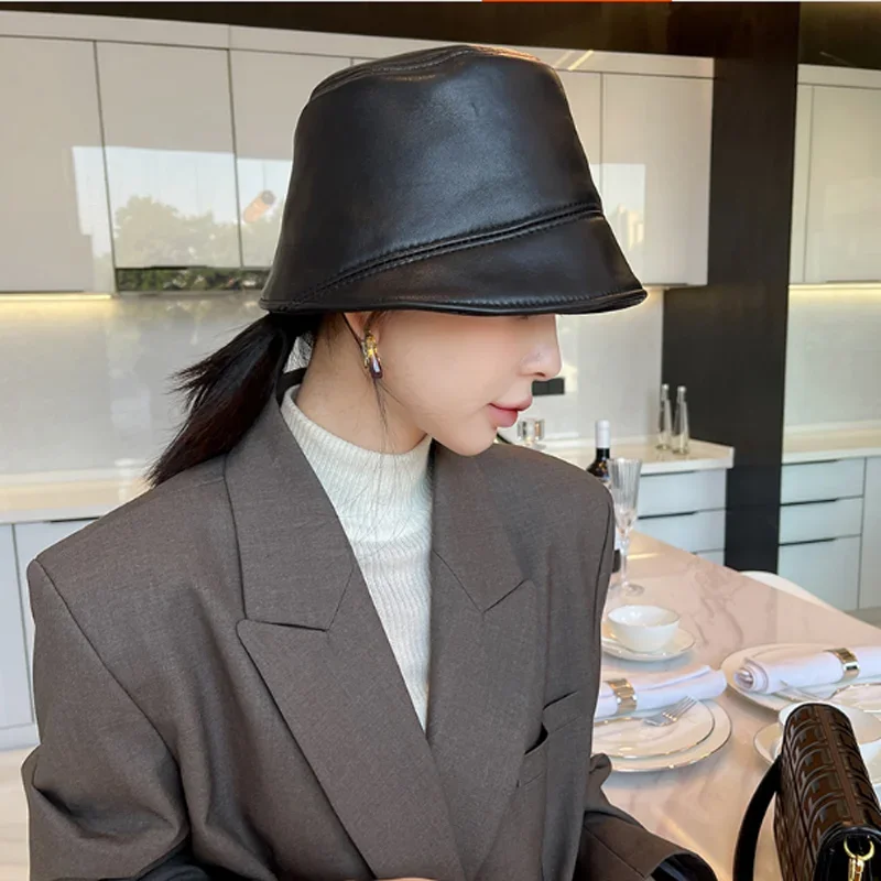 Japanese Niche Designer Retro Genuine Leather Women Bucket Hat Lady  Fisherman Gorro Women Cover Face Street Basin Cap