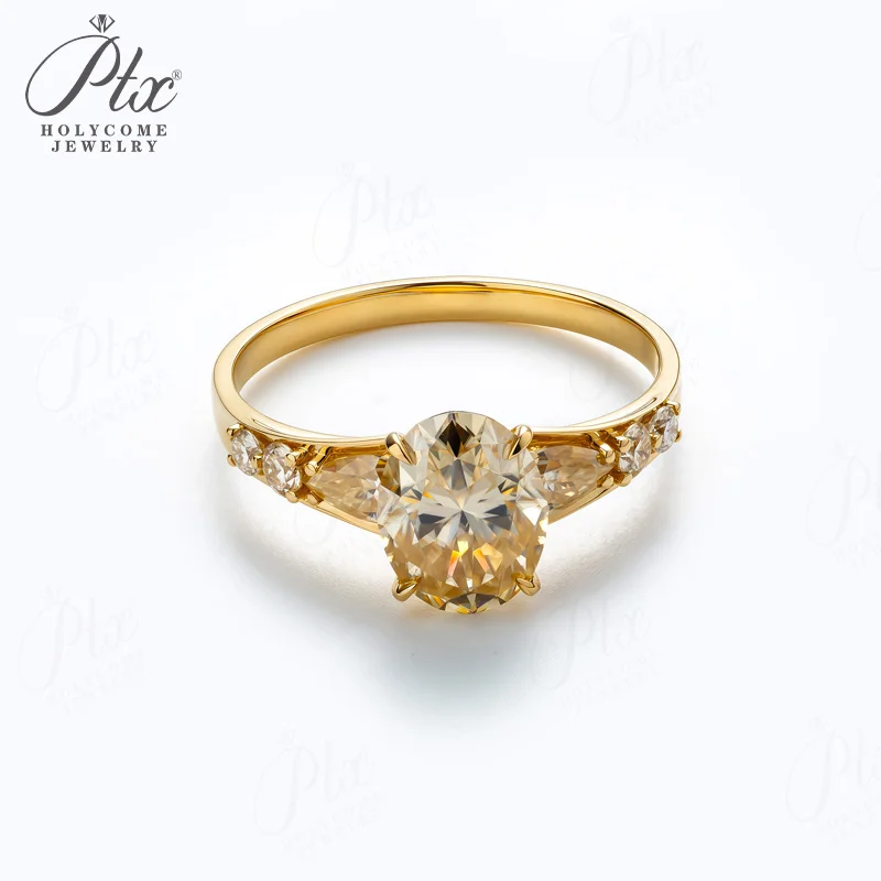 2ct Ring Oval Cut Moissanite D White Champagne Color Genuine 18K Gold Classical Proposal Wedding Band Charms Holycome Jewelry