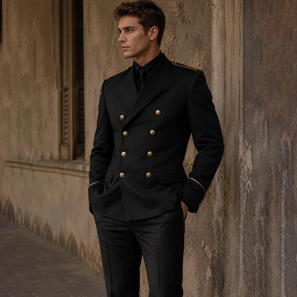 Customizable Black Men's Suit Double Breasted Military Epaulets with Gold Trim Formal Wedding Groom 2 Piece Jacket Pants Outfit