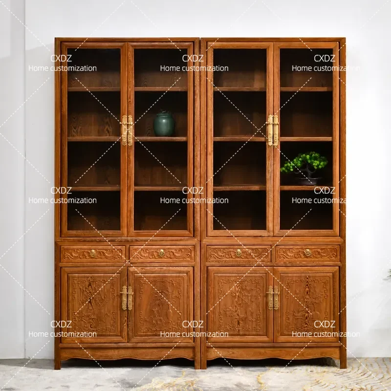 Ming and Qing Style Antique Chinese Solid Wood Bookcase with Glass Doors Floor Standing Bookshelf Storage Cabinet Furniture