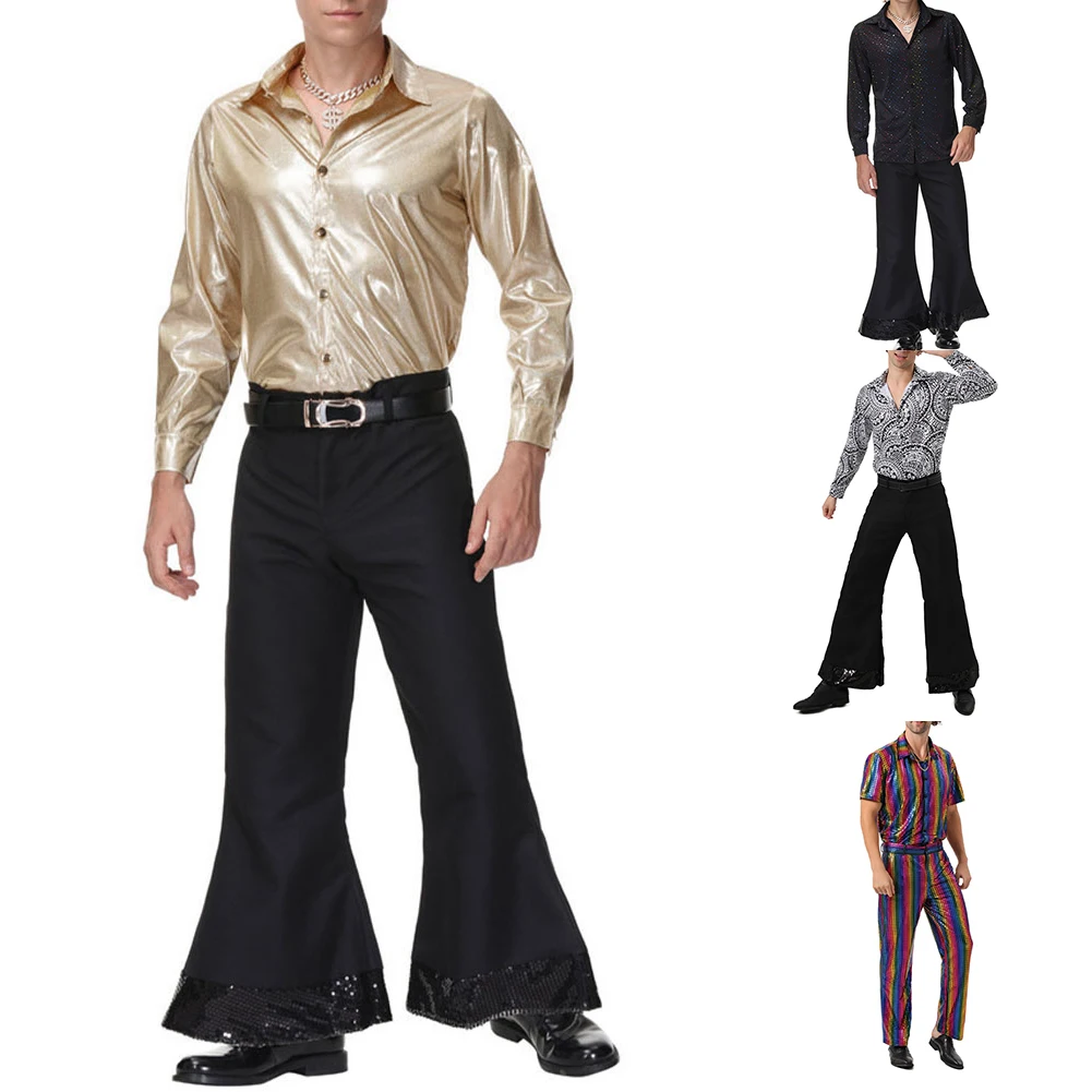 

70s Disco Costume Cosplay Costumes Vintage Men Music Party Outfits Vintage Sequin Glitter Shirts Mens Long Sleeve Turn-down Coll