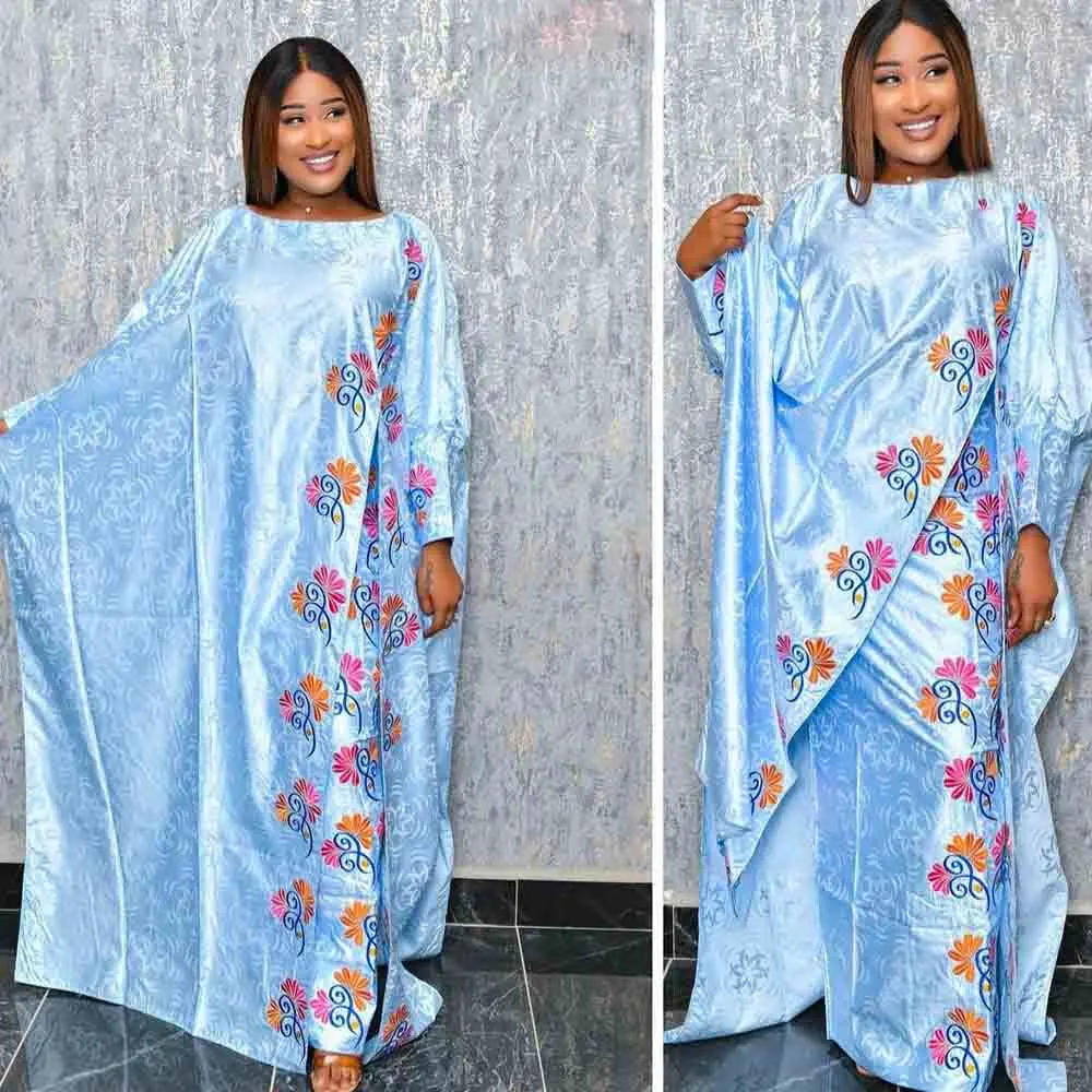 

Sky Blue Bazin Riche Long Dresses Boubou Clothing African Women Traditional Wedding Bazin Riche Dashiki Robe Brocade Printed