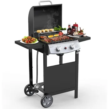 BBQ propane gas barbecue stove with 2 burners, stainless steel 20000 BTU, equipped with storage racks on both sides and 2 wheels