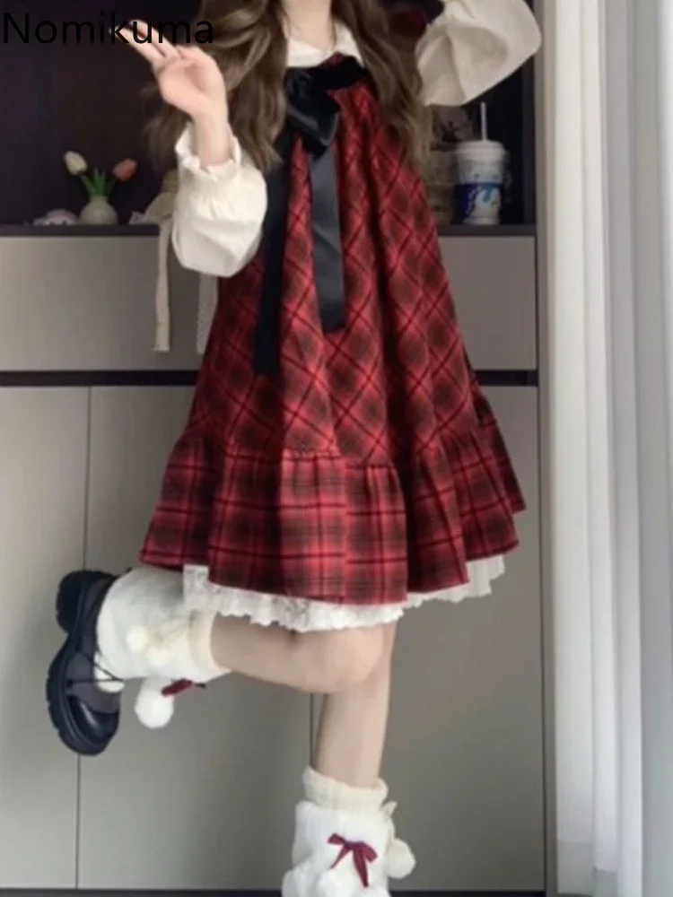 بدلة فستان حلوة يابانية مكونة من قطعتين 2024 ملابس نسائية بياقة بيتر بان وأكمام طويلة وقميص بفيونكة فضفاضة منقوشة ملابس #2