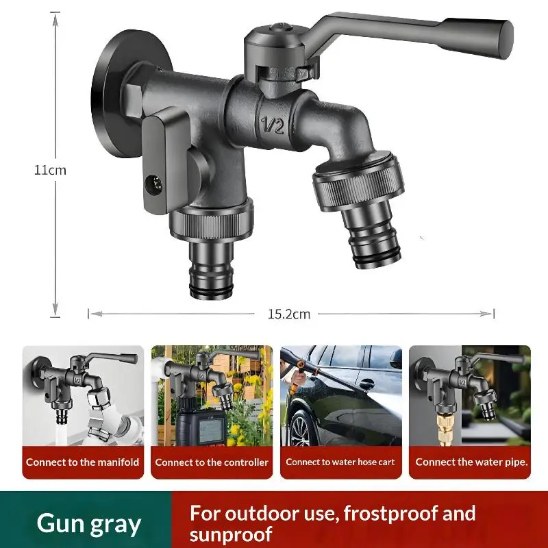 Zinc Alloy Dual Outlet Garden Water Faucet G1/2 Quick-connect Nipples Balcony Frost Protection Tap Outdoor Freeze Proof