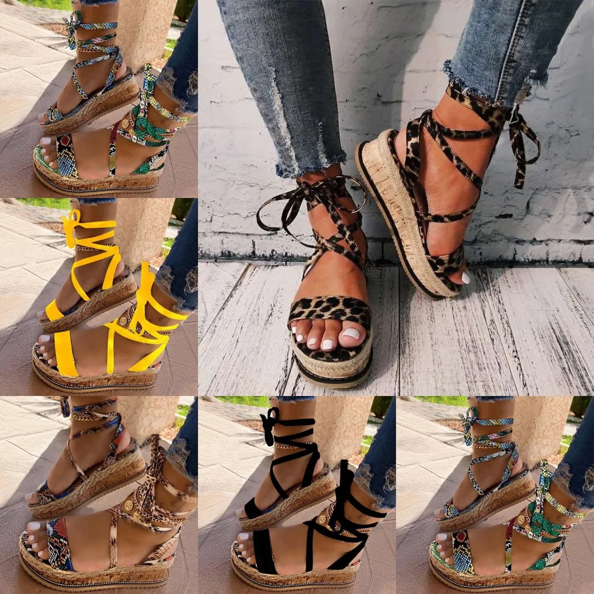 

Women Summer Sandals Female Animal Print Platform Bohemia High Heel Gladiator Roman Ankle Strap Wedge Ladies Shoes Thick Bottom