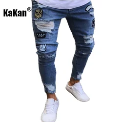 Kakan Jeans lunghi nuovi di alta qualità europei e americani Jeans attillati elastici da uomo, Jeans Slim-fit con Badge con foro K14-881