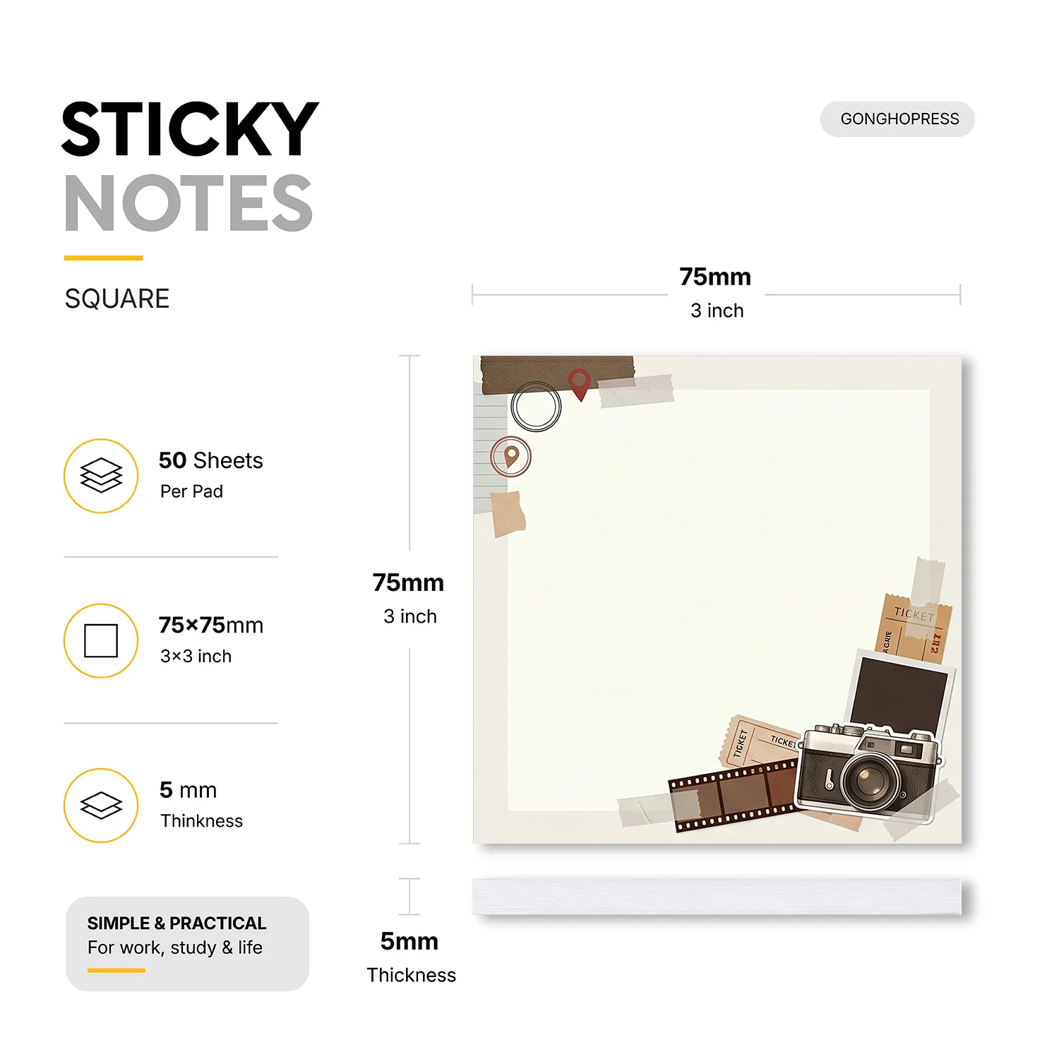 2pcs Travel Camera Sticky Notes, Vintage Film Ticket Memo Pads, 100 Sheets Total, Removable Self-Adhesive Notes for Planner