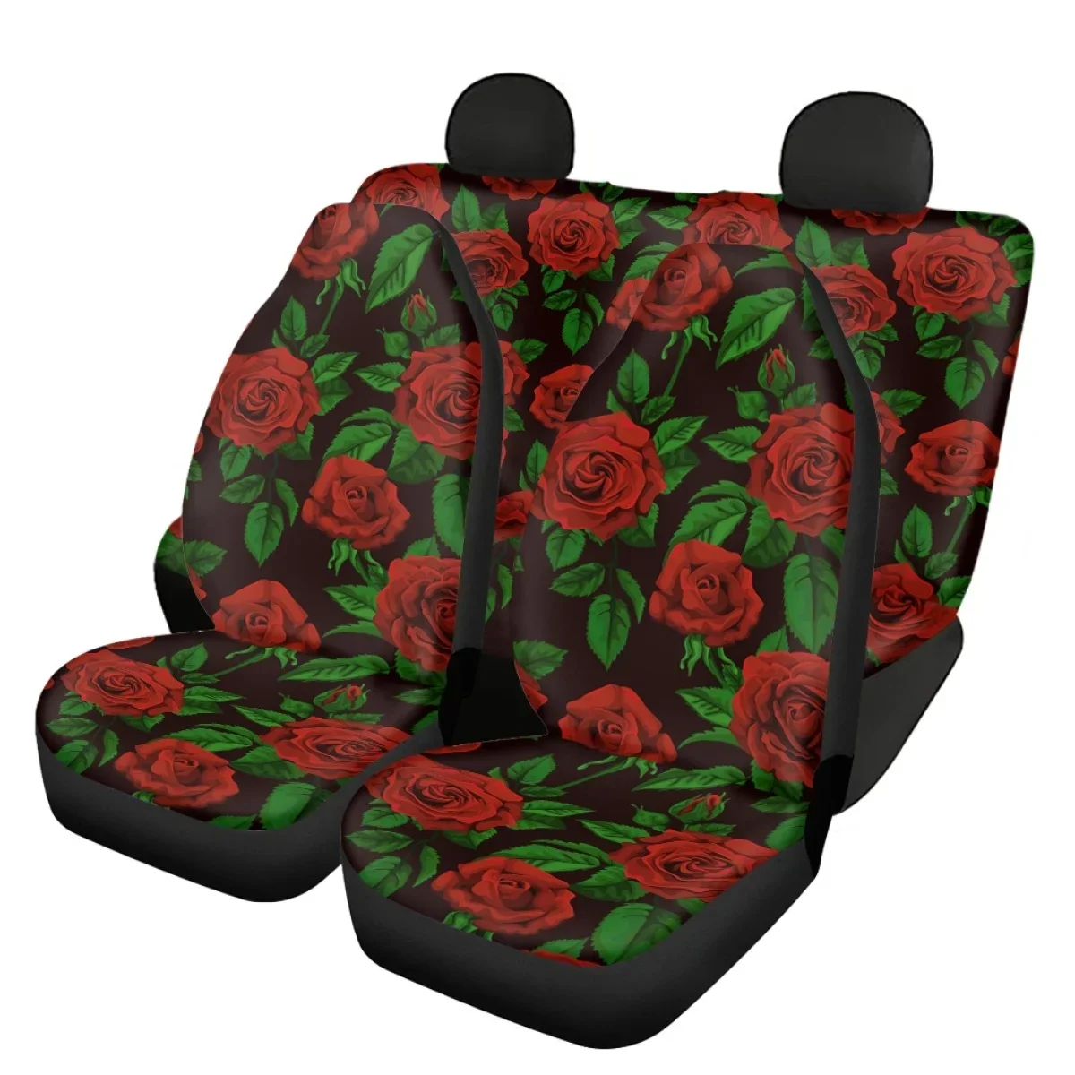 Red Rose Flower Printing Car Seat Cover Full Set for Women Front and Back Seat Covers Non-slip Heavy-Duty Car Protection Cushion