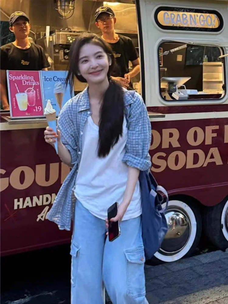 American Retro Oversize Plaid Sonnenschutz irt Damen Loose Casual Top Frühling Saison Bequem Atmungsaktiv irt