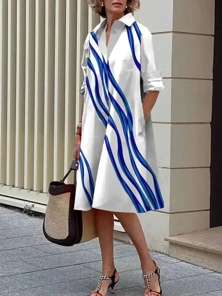 UOOZEE Urban Female Stylish Striped Lapel Shirts Dress 2024 New Spring Summer Buttoned Loose Casual Office Midi Dresses