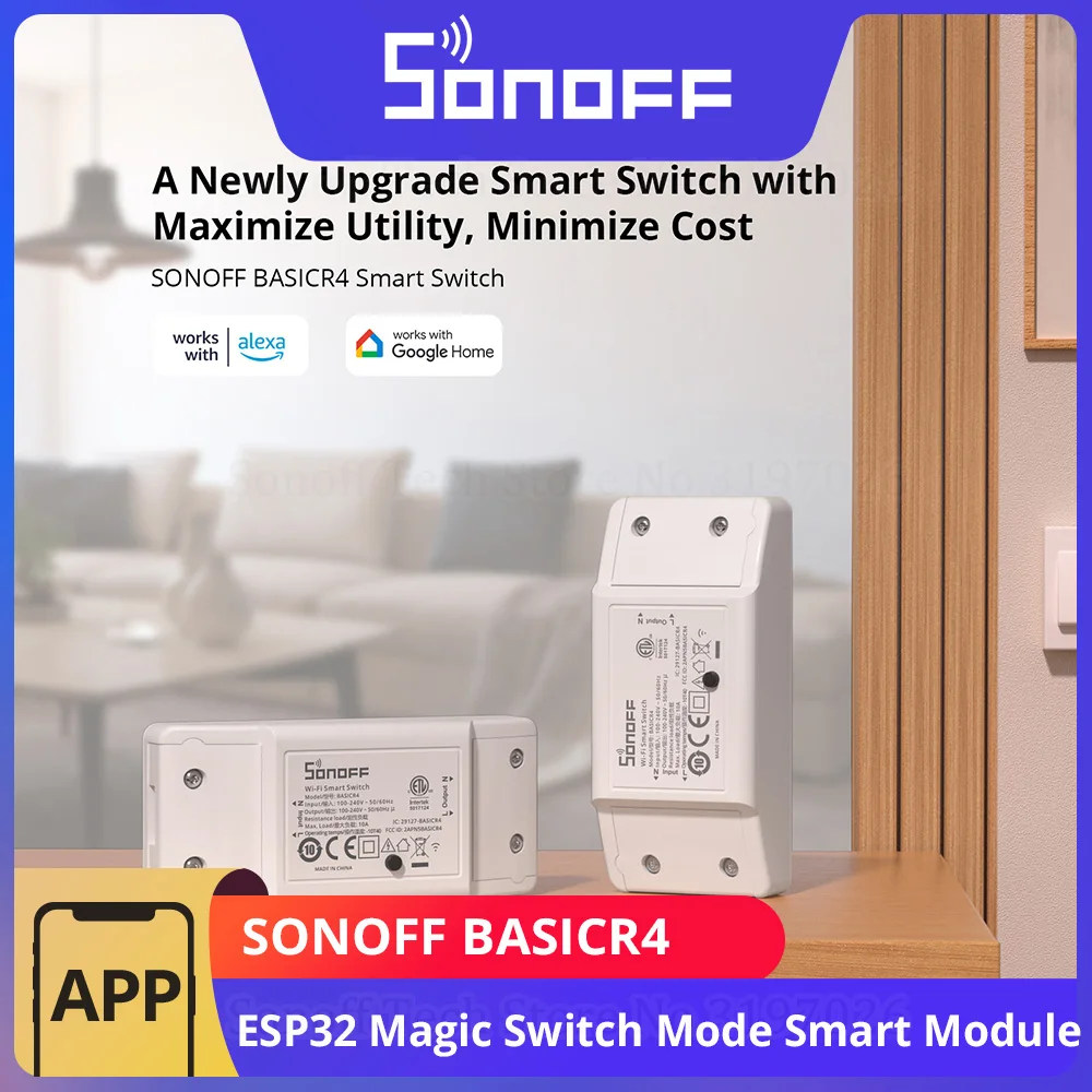 SONOFF BASICR4 Wi-Fi Smart Switch ESP32 Chip Reliable Safe Magic Switch Mode eWeLink Remote Control with S-MATE2 Alexa Google