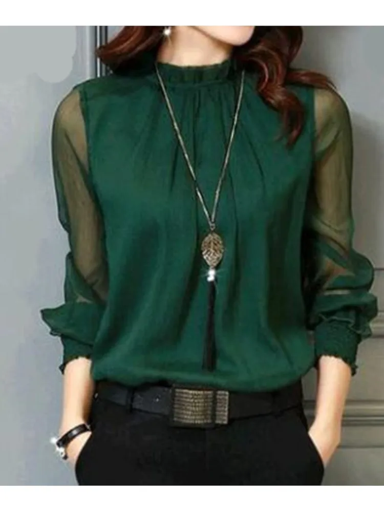 

Spring Summer New Lace Chiffon Shirt Women's Mesh Ruffled Long Sleeve Fashion Casual Top Shirts Elegant Whiter Green Tops Blouse