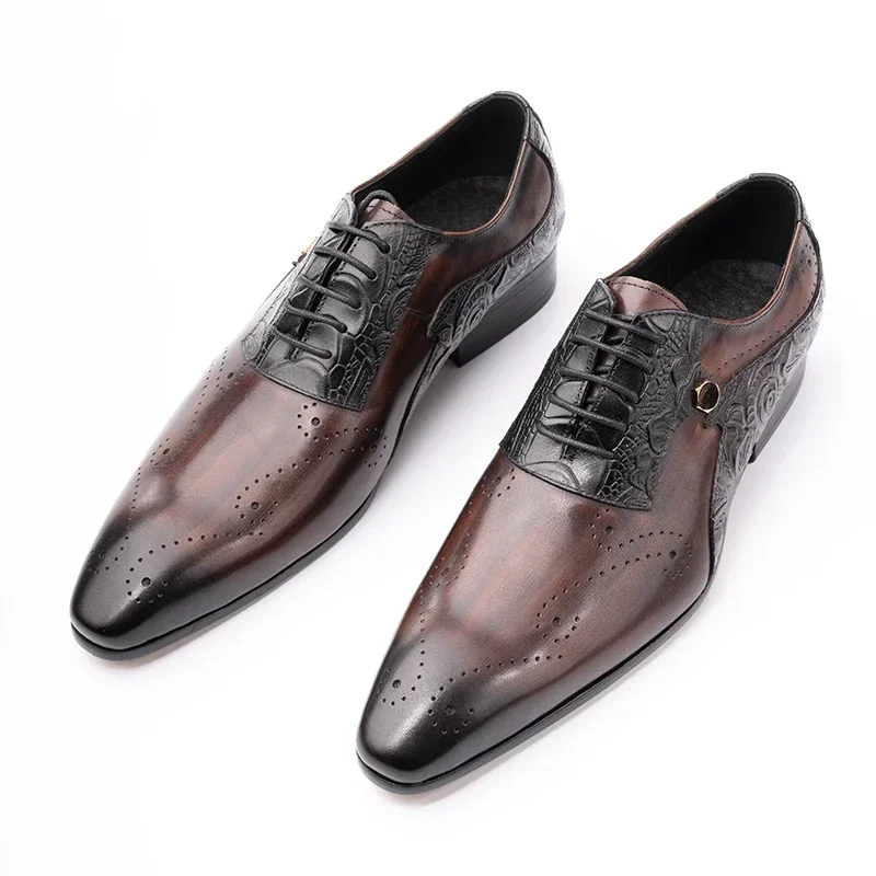 Mens Wedding Dress Brogue Genuine Leather Lace-up Latest Design Fashion Color Match Handmade Leather Man Pointed Dress Shoes