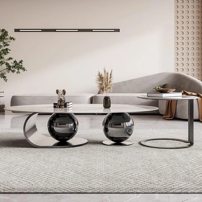 

Italian rock slab size coffee table combination oval light luxury living room post-modern minimalist stainless steel designer