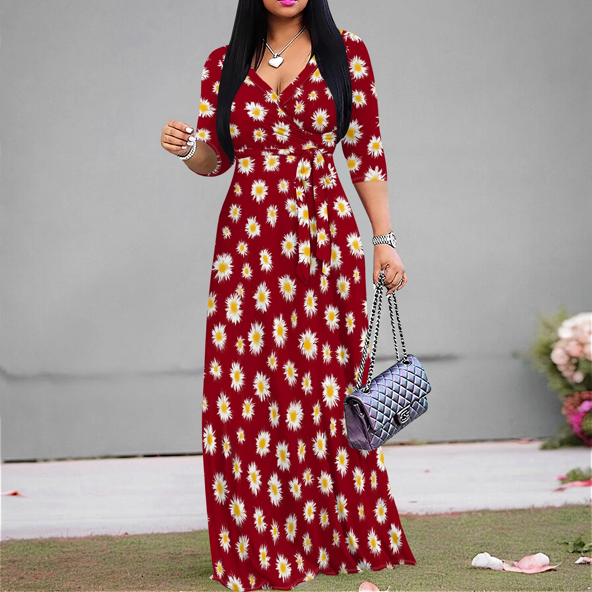 

Red Daisy Print Maxi Dress S-3XL V-Neck Wrap Style with Belt & 3/4 Sleeves for Garden Party, Spring Picnic or Mother's Day Look