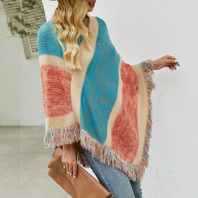 2023 Autumn Winter New Contrast Color Stripe Knitted Tassel Cape Ponchos