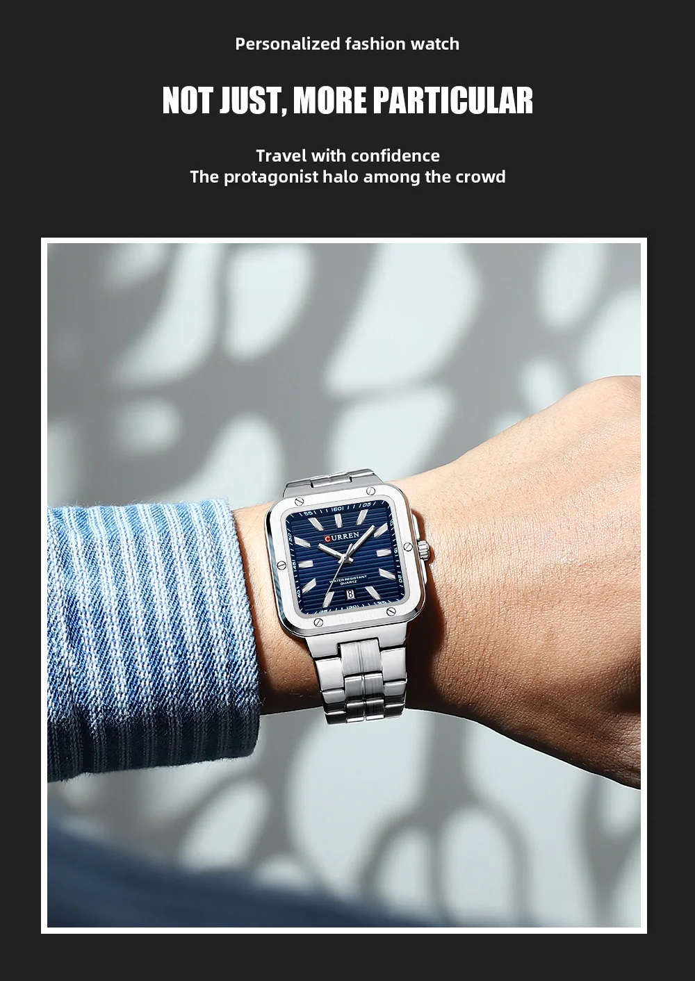 CURREN Einzigartige Quadratische Herrenuhr mit Grünem Zifferblatt - Edelstahlarmband, Business-Casual-Stil Quarz-Armbanduhren für Männer – Detail 9