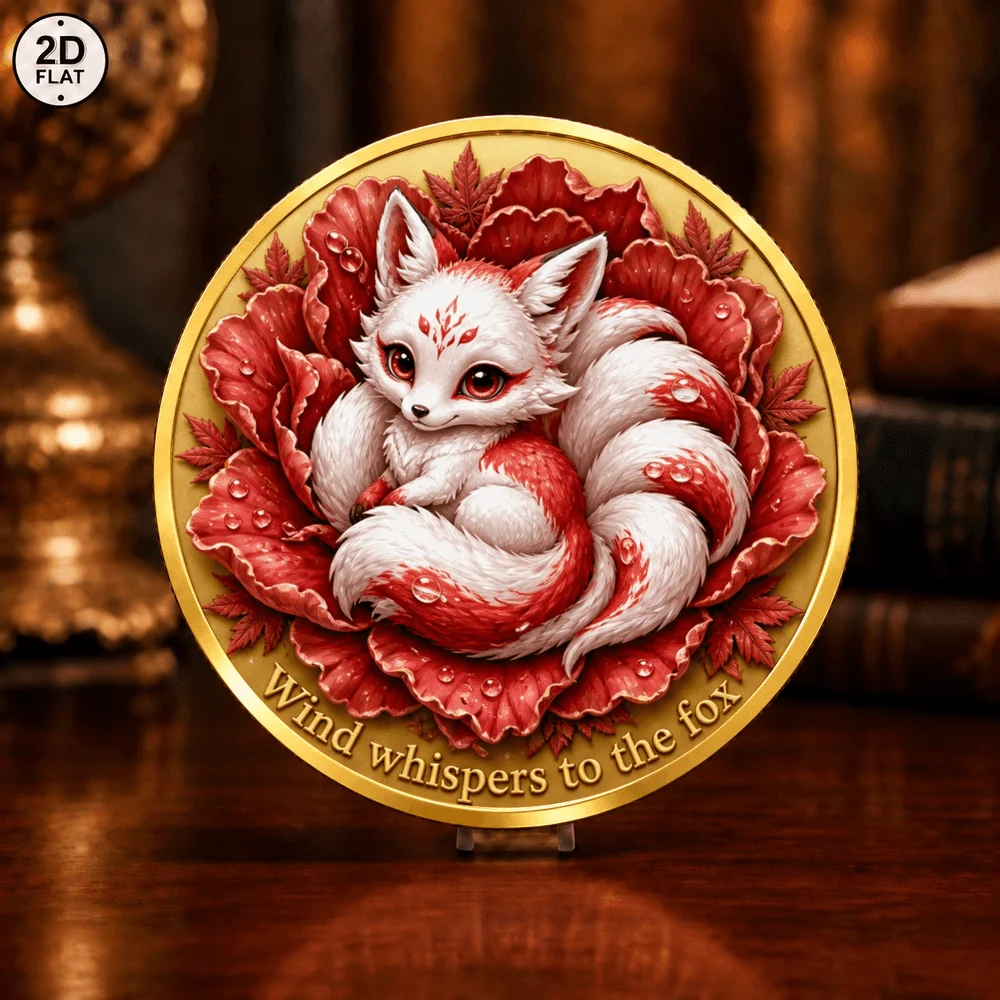 1pc Adorable Fantasy Creature Challenge Coin UV Print Baby Unicorn & Nine Tailed Fox Commemorative Token Magic Animal Art Gift