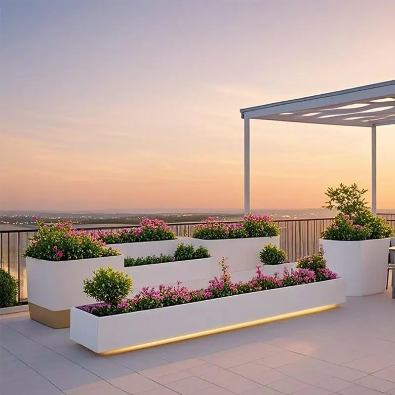Outdoor courtyard finished flower box combinations, illuminated balcony landscape flower pots, rooftop outdoor garden, stainless