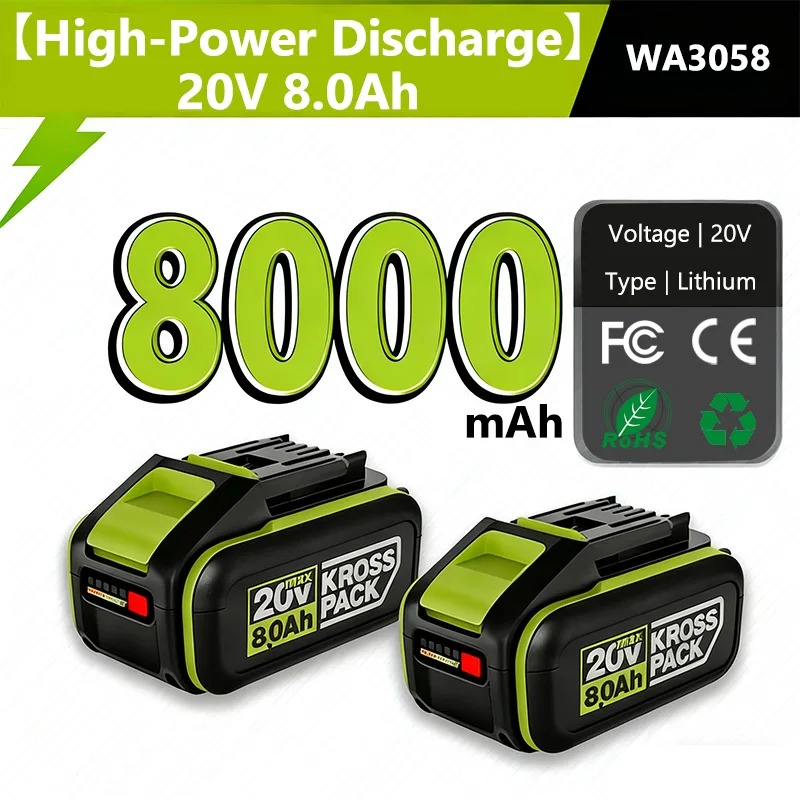 

WORX 20V High-Capacity Li-Ion Rechargeable Battery 6.0Ah/8.0Ah Compatible with WA3551 WA3551.1 WA3553 WA3641 WX373 WX390 Tools