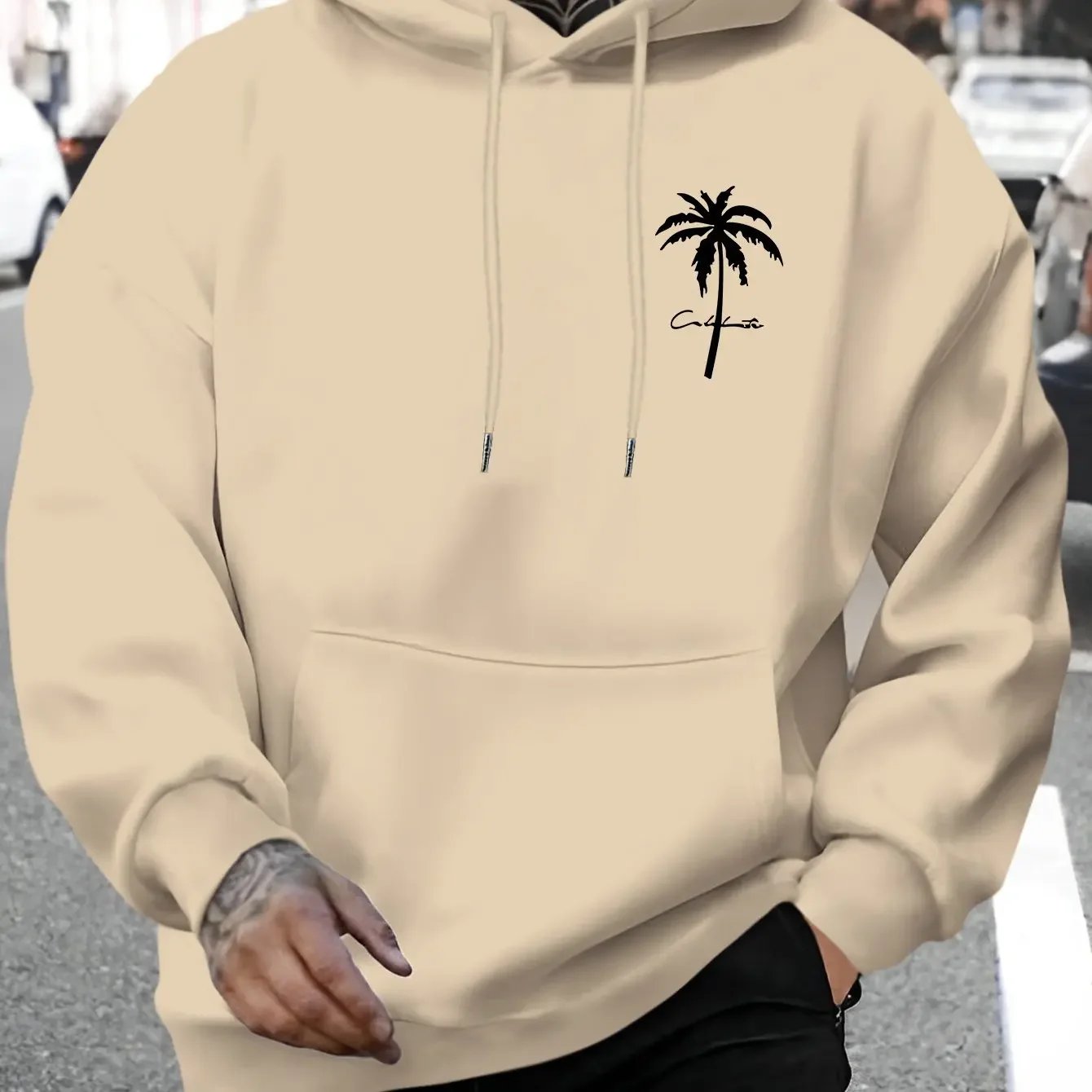 Men Minimal Palm Tree Signature Chest Print Hoodie Loose Pocket Pullover Beach Streetwear Unisex Sweatshirt