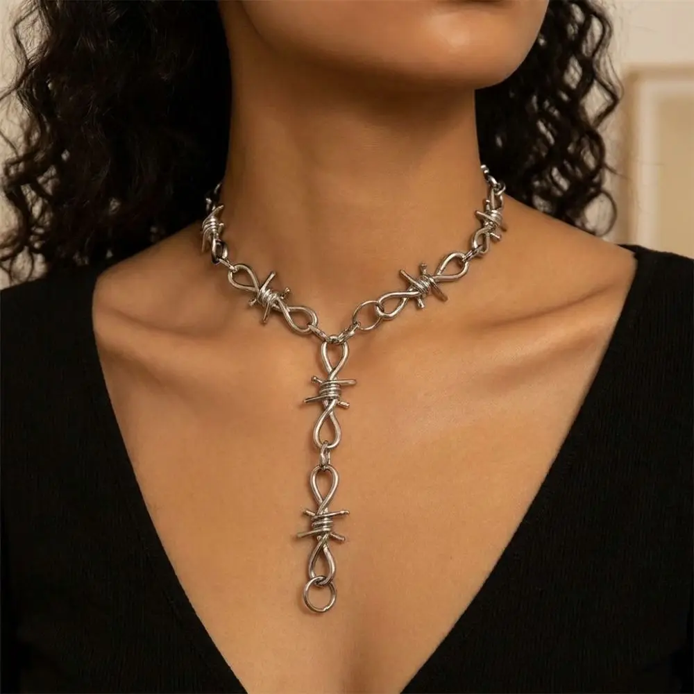 Silver Color Barbed Wire Choker Metal Chain Adjustable Grunge Choker Necklace Punk Aesthetic Vintage Goth Choker Accessory