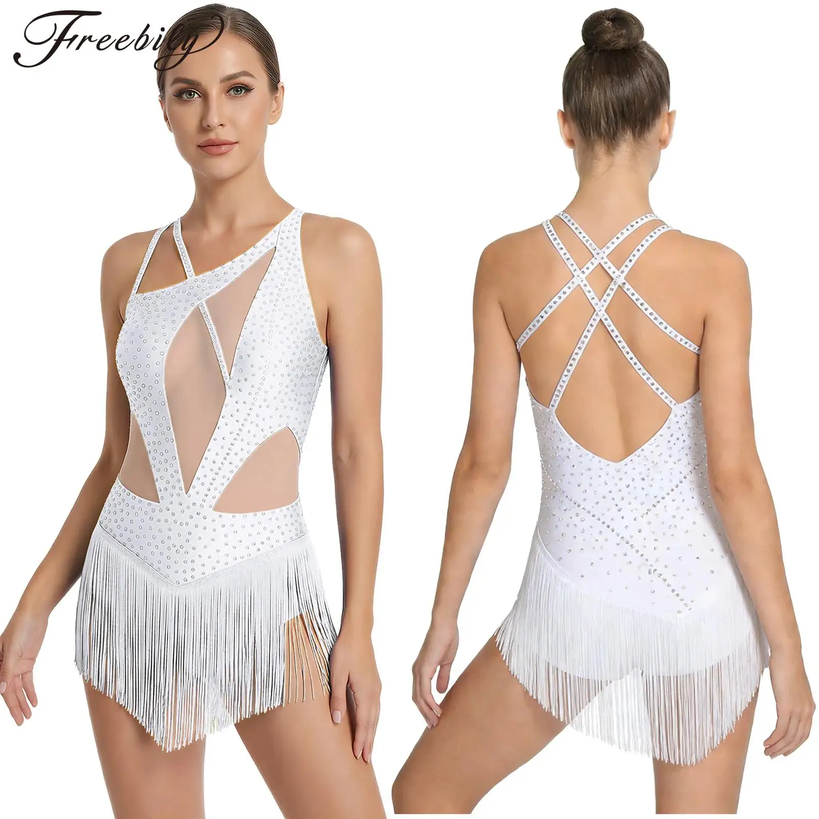 

Женское купальник-боди из сетки со стразами и бахромой для латиноамериканских танцев (ча-ча, танго, самба, румба), бальных танцев, гимнастики и фигурного катания