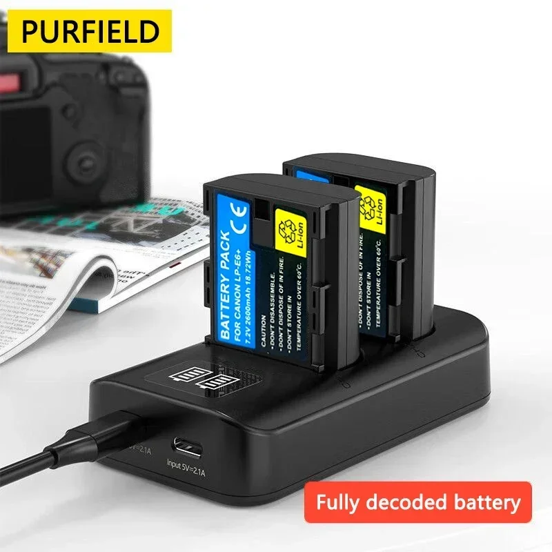 Akumulator PURFIELD 2600mAh 7.2V LP E6 LP-E6 E6N + podwójna ładowarka LED do aparatu Canon EOS 5DS R 5D Mark II 5D Mark III 6D 7D 70D 80D