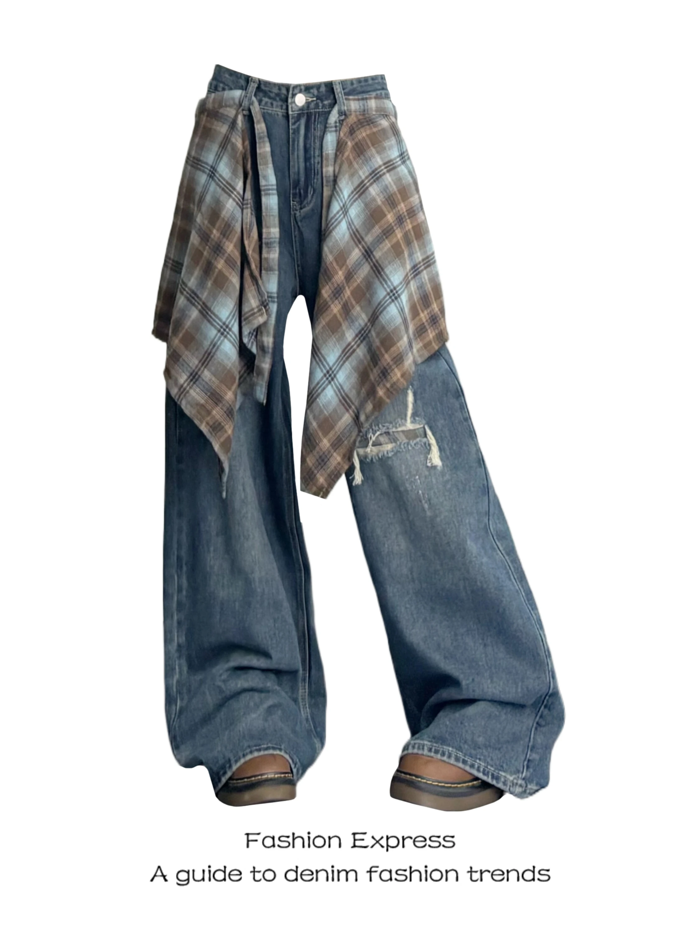 

Cool Trendy Wide Leg Jeans Women's Street Design Denim Pants High Waist Tear Hole Jazz Dance Floor Length Pants Autumn New Retro