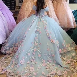 Customized Charming Lake Blue Quinceanera Dresses With 3D Pink Lace Appliques Beading Ball Gown 15 Years Old Custom Made