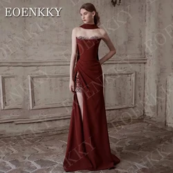 EOENKKY Luxury Burgundy Evening Dress Women Party Beading Sweetheart Strapless Mermaid Special Occasion Dresses Customized Satin