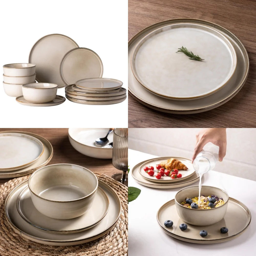 

Набор керамической посуды Набор керамической посуды из 12 предметов для 4 каменных тарелок премиум-класса, мисок, идеально подходящих для повседневного использования и