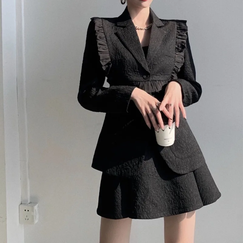 Women Two Piece Suit Set Jacket New High Waisted Coat Black White Retro Ruffled Jacket Spring Autumn Aesthetic 2023 Office Suits