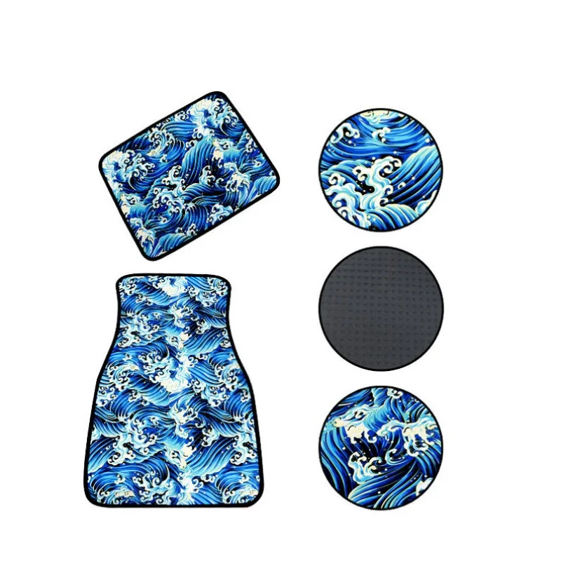 4Pcs JDM Sakura Wave Blue Fabric Floor Mats Interior Carpets Universal Front and Back Car Floor Mat Non Slip Floor Mats for Cars