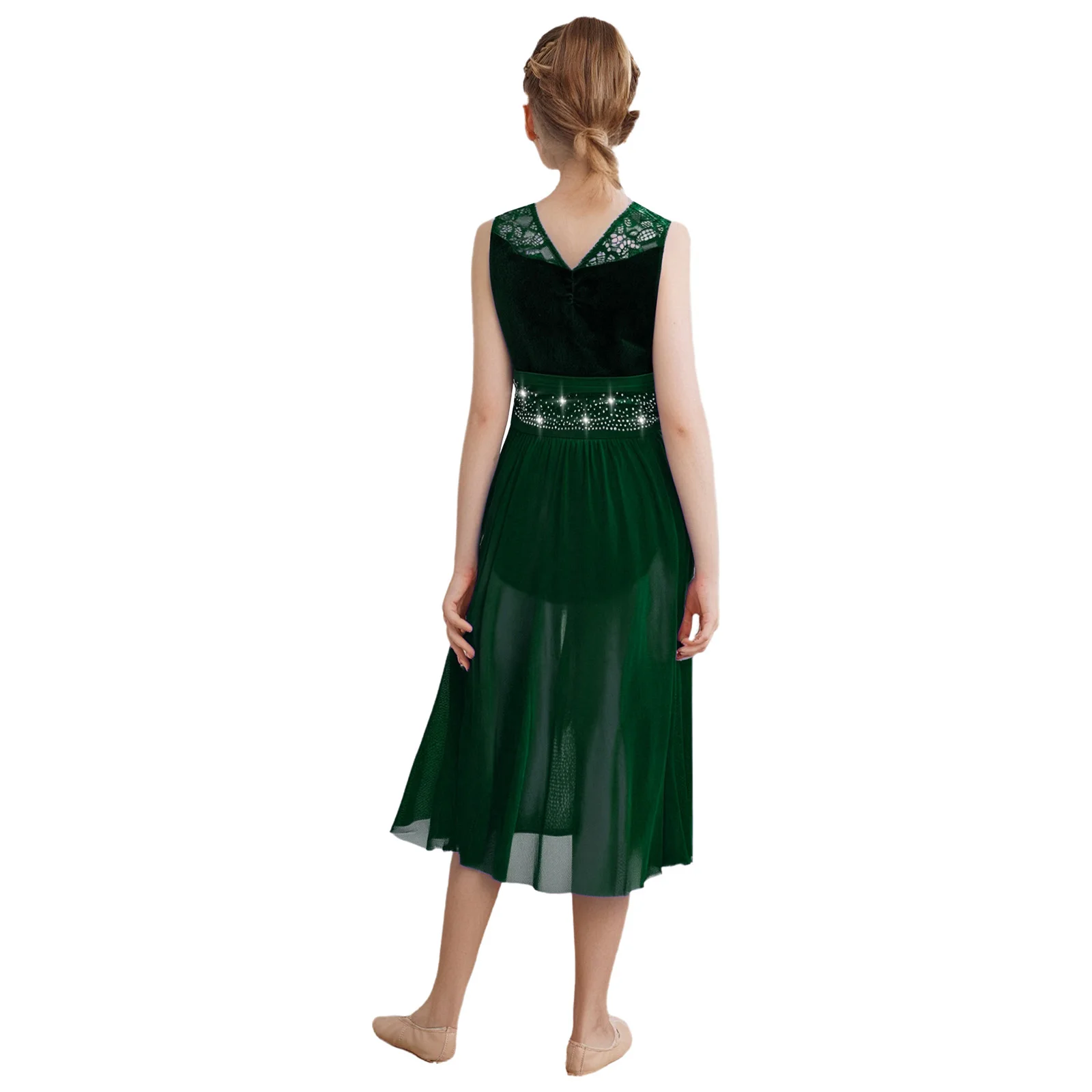 여아 어린이 리리컬 댄스 드레스 발레리나 공연 의상 레이스 패치워크 디자인 주름진 메쉬 오버레이와 라인스톤 장식