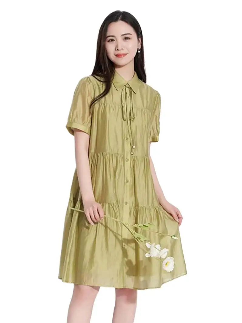 

French Elegant Women's Lapel Lyocell Lesser Shirt Dress, Plus Size Sweet Bubble Sleeves Lightweight Artificial Silk Cake Dress