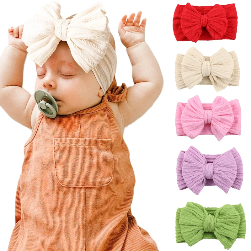 

2 шт., однотонная повязка на голову с большим бантом и бантом для маленьких девочек, эластичные нейлоновые ленты для волос ручной работы, модный тюрбан для новорожденных, повязка на голову, аксессуары