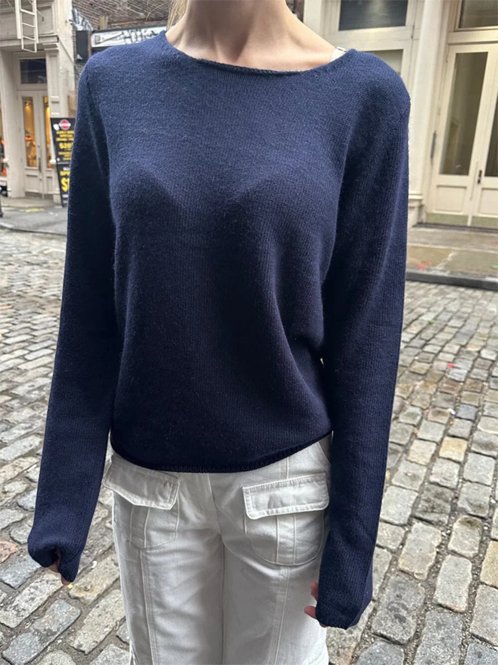 Raw Hem Navy Long Sleeve T-shirt Autumn Sweet Round Neck Cotton Tee Shirts For Woman Casual Vintage Streetwear Cute Tshirt Tops