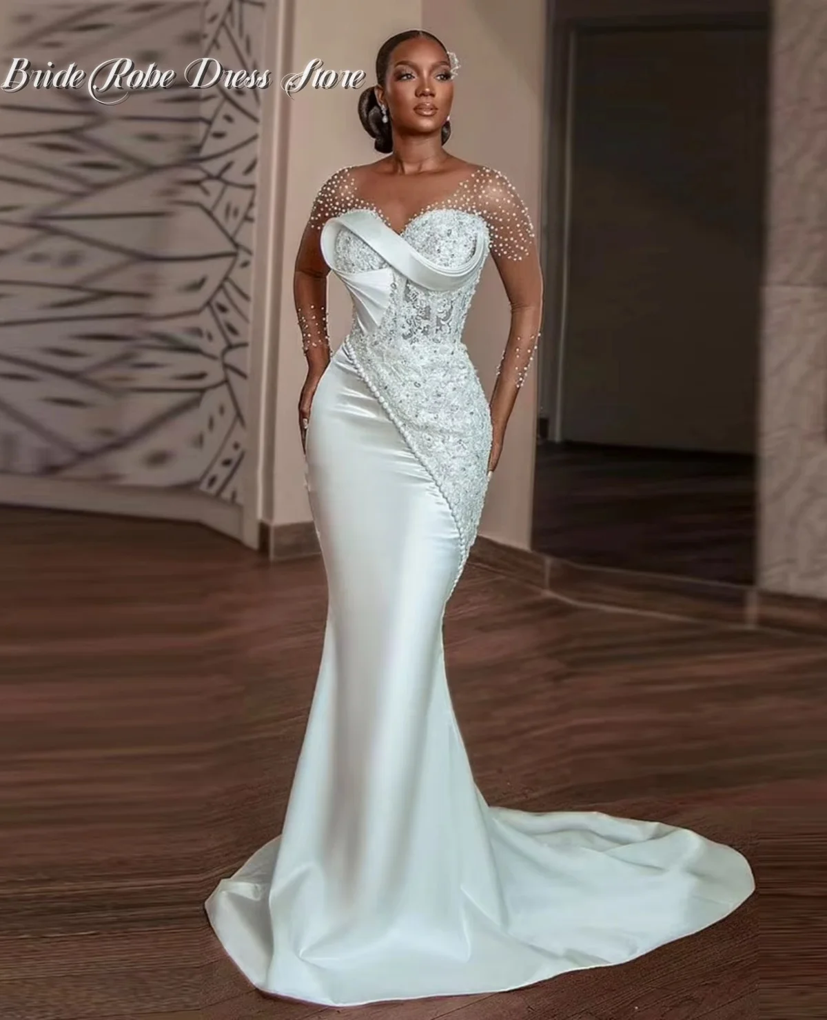 

Custom Africa Satin Sheer Neck Mermaid Wedding Dresses for Bride Long Sleeve Appliques Beading Pleats Women Bridal Gowns 2025