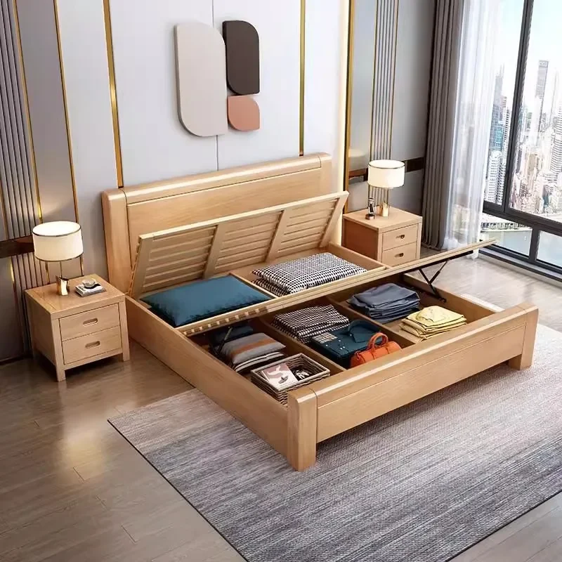 سرير سميك، خشب زان، سرير من الخشب الصلب، بسيط، حديث، غرفة نوم رئيسية، مزدوج