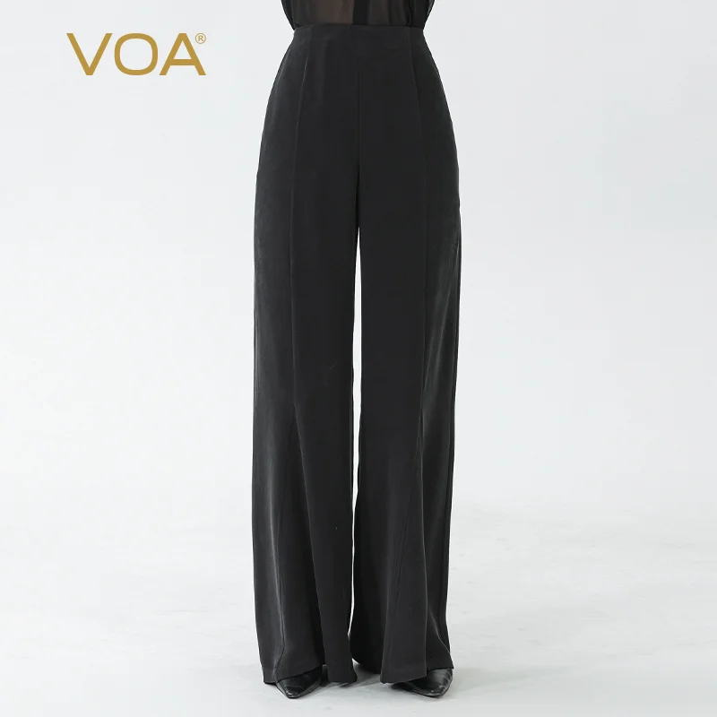 

VOA Black 30 Momme Heavyweight Mulberry Silk Natural Waist Side Pockets Minimalist All-match Silk Straight-leg Pants Women KE790