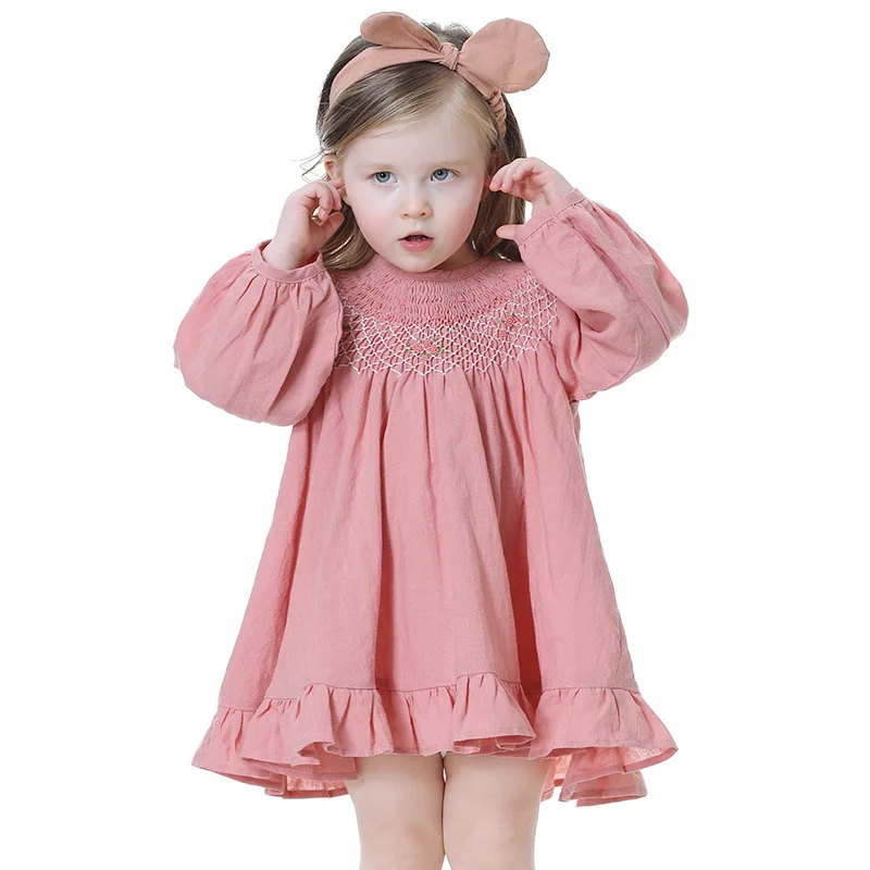 Kids Dress 2024 New Handmade Smocked Design Dress Girls Cute vintage Long Sleeve Pink Smocking Dresses frocks Children Vestido