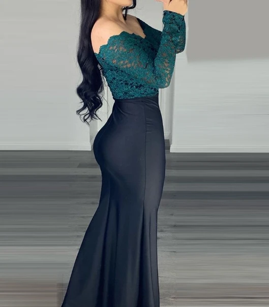 Solid Color Temperament, One Shoulder Lace Long Sleeved Tight Fitting Long Style, Hip Hugging Skirt, Black Fishtail Skirt Set