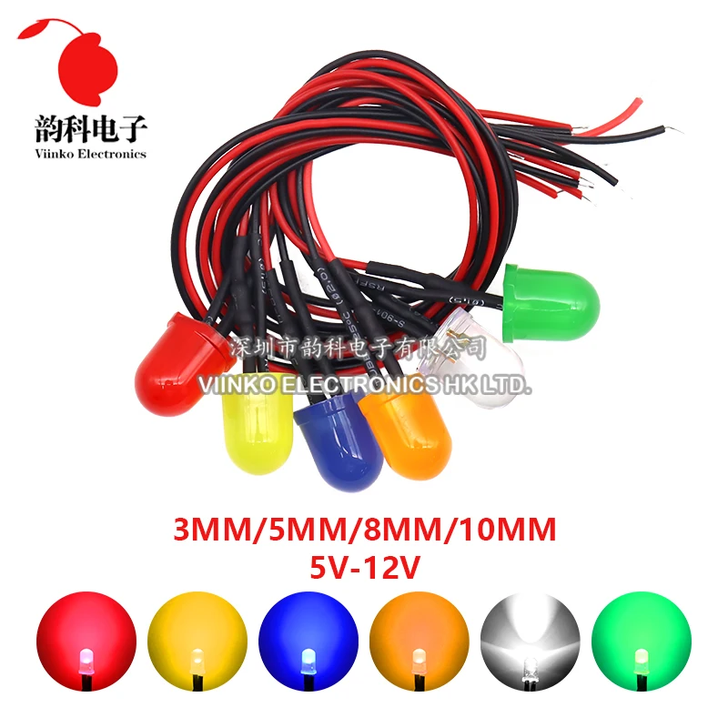 3mm 5mm 8mm 10mm LED 12V 20cm Pre-wired White Red Green Blue Yellow Orange Diode Lamp Decoration Light Emitting Diodes