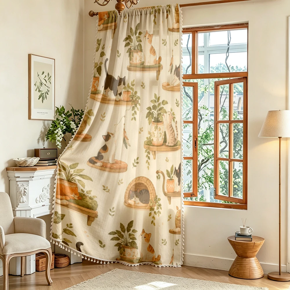 1PC Cartoon Tassel Sheer Curtains, Cute Cat Plant Pot Shelf Botanical, Digital Print, Polyester, Bedroom Living Room Home Decor