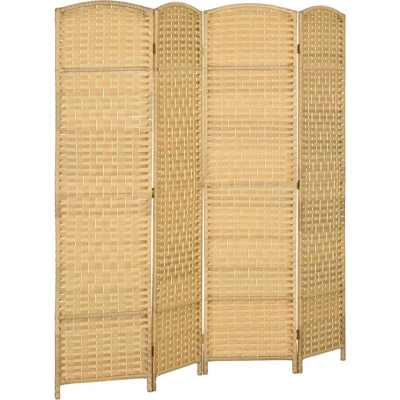

4 Panel Room Divider, 6' Tall Folding Privacy Screen, Hand-Woven Freestanding Wood Partition for Home Office, Bedroom