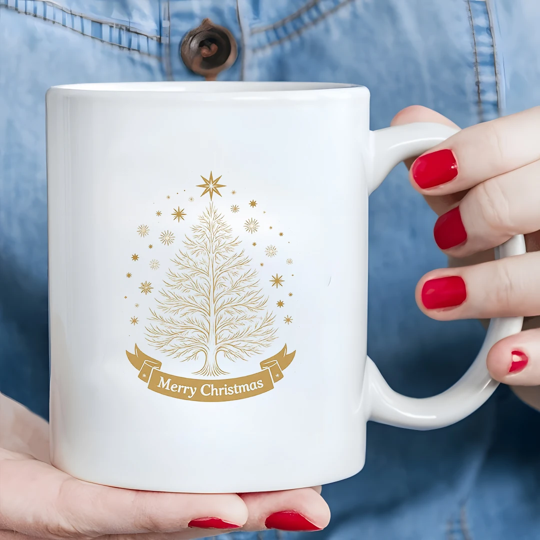 Taza de 11 oz + pegatina dorada de árbol de Navidad + Feliz Navidad + taza para niños, taza de café para oficina familiar, regalo de Navidad