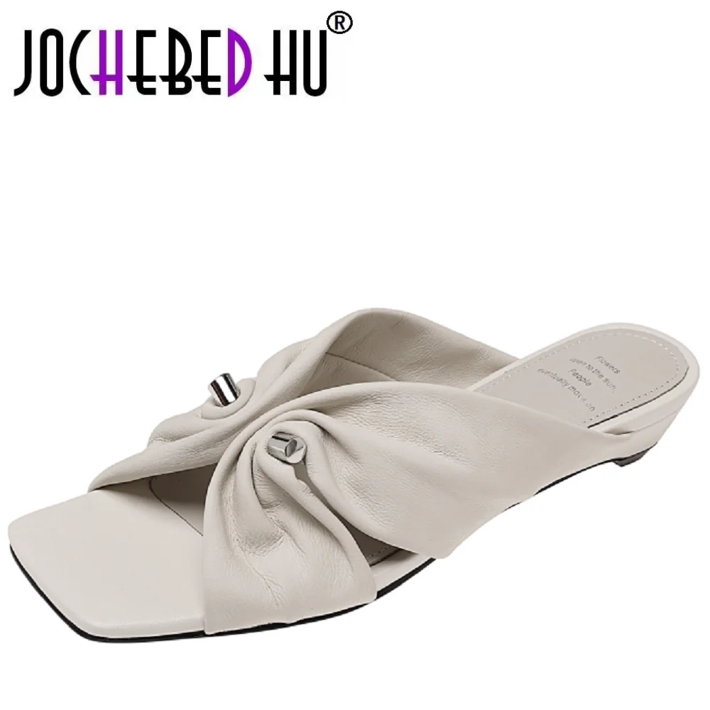 JOCHEBED HUwomen's Handmade sheepskin cross strap sweet bowtie Middle heel sandals elegant ladies high quality soft comfort